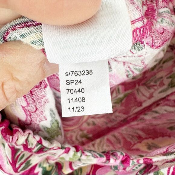 LOFT Beach Palm Tie Front Linen Pink Floral Print 3/4 Puff Sleeve Romper, Size M - Picture 15 of 15